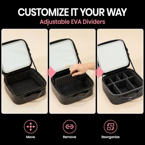 Fanwoli Sparkling Black Makeup Bag with Detachable 4K LED Mirror - 3 Light Modes