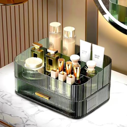 Makeup Organizer with Stackable Drawers and Tray - Clear Green, Tray & Drawer
