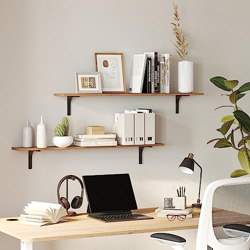DINZI LVJ Rustic Brown 55.1-Inch Wall Mounted Shelves Set of 2 - Vintage Wooden Storage