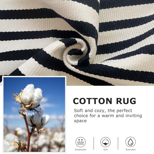 Indoor Outdoor Striped Area Rug - Washable Cotton Blend, 8x10 Light Beige & Black Variation