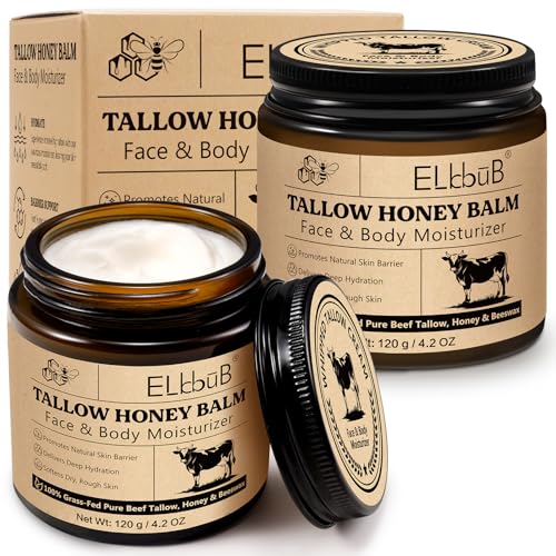ELBBUB Whipped Tallow Face & Body Moisturizer 4.2 Fl Oz Pack of 2 - Natural Honey & Beeswax, Unscented, Fast Absorption