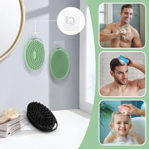 Soft Silicone Body Scrubber 4PCS, 2-in-1 Bath & Shampoo Brush with Dual-Side Usage, Hygienic Silicone Loofah Shower Scrubber for Gentle Exfoliating & Good Lathering(Black/Pink/Green*2)
