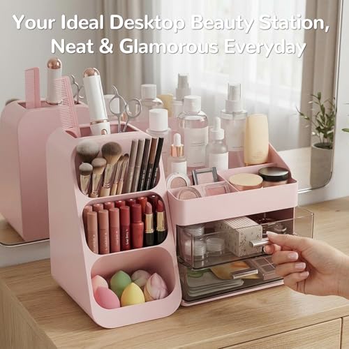 Large Pink Makeup Organizer with 2 Drawers & Brush Holder for Vanity & Bathroom