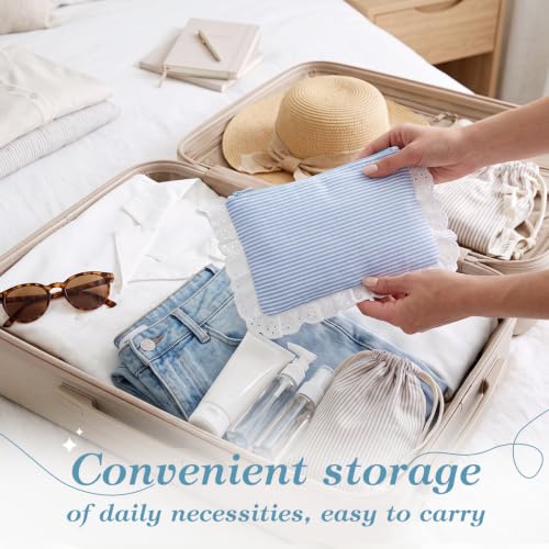Seersucker Cosmetic Bag for Women - Light Blue 8 Pcs Set with Lace Trim - Travel & Makeup Organizer