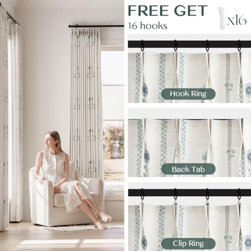 White Green 2-Pack Pinch Pleated Floral Linen Curtains 40x84 Inches for Living Room & Bedroom