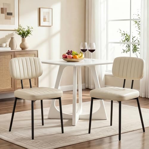 Set of 2 Dining Chairs with Waterproof PU Leather, Ergonomic Shell Design - Beige White