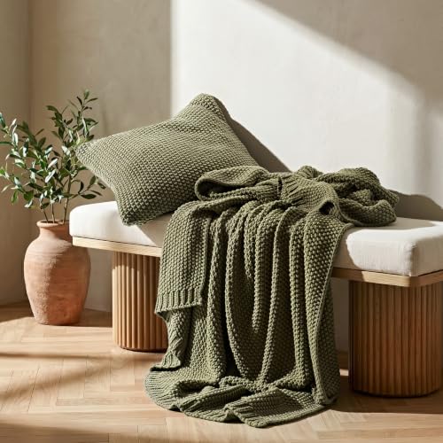 EverGrace Organic Cotton Chunky Knit Throw Blanket 50x60 Olive Green