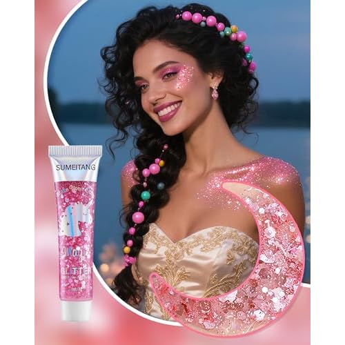 6PCS Pink Face Body Glitter Gel£¬Mermaid Holographic Sequins Chunky Glitter Paint for Party Singer Concerts Music Festival Rave Accessories for Girls Women Face Body Hair Sparkling Makeup