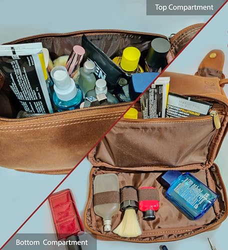 Leather Toiletry Bag for Men Women - Travel Shaving Dopp Kit - Brown