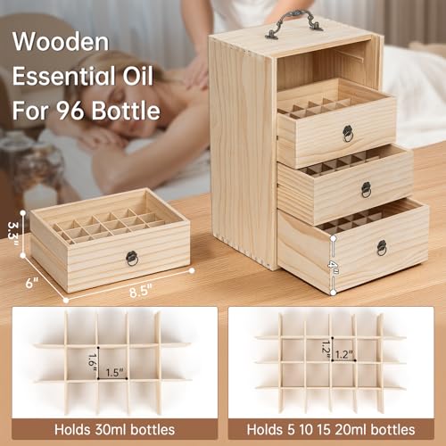 TORIBIO Essential Oil Box, Wooden Essential Oils Storage Holder Organizer for 96 Bottles, Holds 5 to 30 ml for Young Living & Doterra Bottles