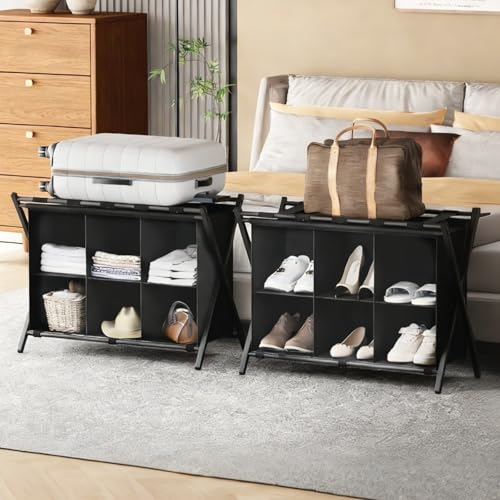 Foldable Luggage Rack with Storage Shelf for Guest Room Black - 2 Pack