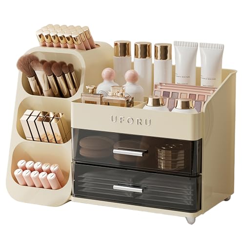 Cream White UFORU Makeup Organizer with Brush Holder for Vanity & Bathroom