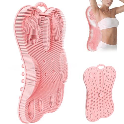 Back Scrubber for Shower Bath Wall Mounted Women XXL | Silicone Body Brush Scrub Mat with Curved 3D Back Support Power Suction Cups -Exfoliating Luxury Bathtub Cushion Pad Skin Care Home Spa Pink