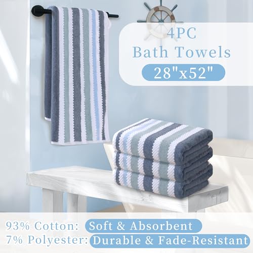 Blue-Gray & White 4-Piece Cotton Bath Towel Set - Soft & Absorbent, 28x52 in