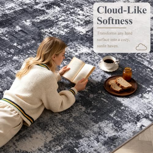 8x10 Washable Modern Abstract Area Rug - Black & White Large Carpet