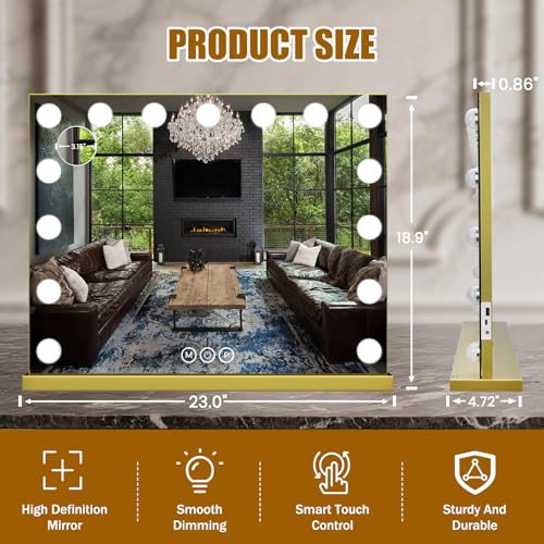 Vanity Mirror with Lights, 23"¡¿18" Large Hollywood Makeup Mirror with 15 Dimmable Bulbs, 3-Color Lighting, Dimmable, 10x Magnification, Desk Mirror, Bedroom (Gold)