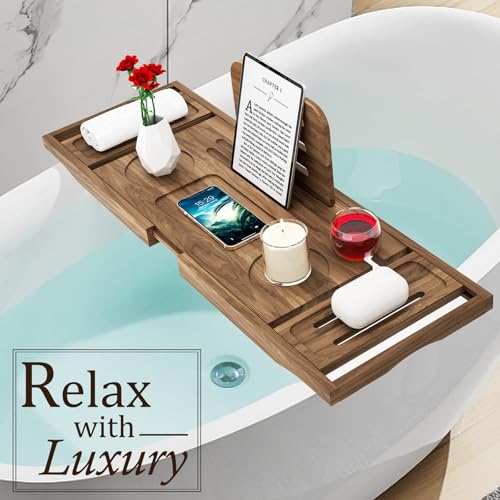 Premium Teak Bathtub Tray Caddy, Expandable Wooden Bath Tray for Bathub, Luxury Bathtub & Bathroom Accessories, Great House Warming, Anniversary & Wedding and Birthday Gifts