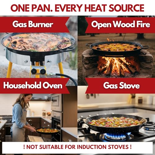22 Inch Enamelled Steel Paella Pan with No-Rust Carbon Steel Skillet - 16 Servings