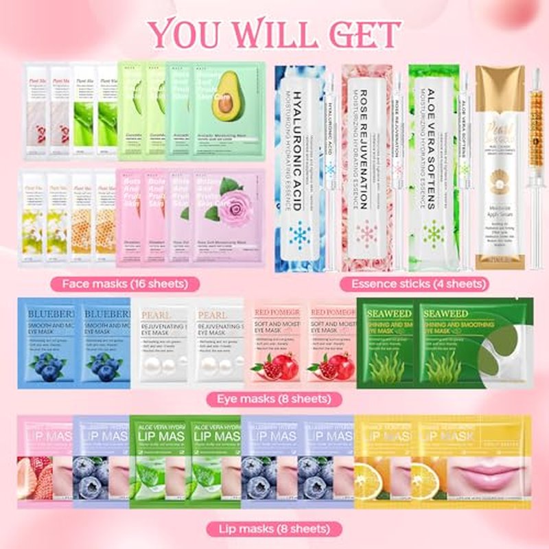 Gifts for Women Face Mask Skin Care Set 36 Pcs Teens Girl Gifts Moisturize,Hydrate Face Mask Set Spa Gift Set Self Care Valentines Mothers Day Birthday ( Face Masks, Lip & Eye Patches, Face Essense)