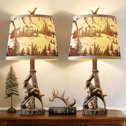 Rustic Deer Antler Table Lamps Set of 2 - Brown Forest Print Shade, Log Cabin Bedroom Nightstand, Western Country Style, 23 Inch