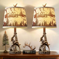 Rustic Deer Antler Table Lamps Set of 2 - Brown Forest Print Shade, Log Cabin Bedroom Nightstand, Western Country Style, 23 Inch