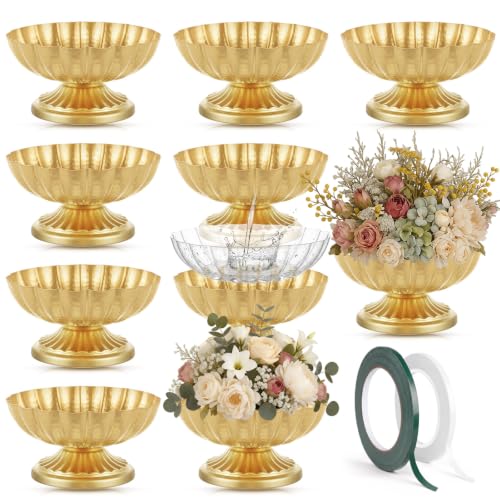 Bright Gold Metal Compote Vase Set - 10 Floral Centerpiece Bowls with Liners & Floral Tape