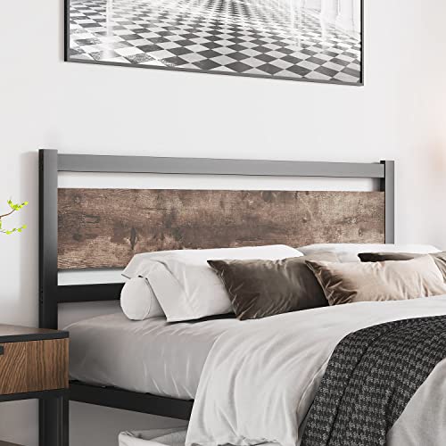 King Wooden Headboard with Metal Slats - Rustic Industrial Style, Easy Assembly