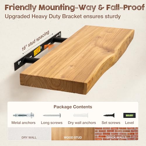 Fuqing Live Edge Floating Shelves Set - Natural Elm Wood, 8 Inch Depth, 20 Inch Length, 2 Pack