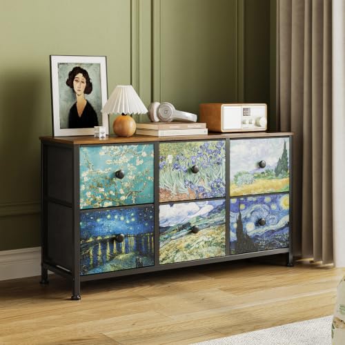 EXOTICA 6-Drawer Dresser with Van Gogh Pattern, 39x11.8x21.7 Inches, Fabric Storage, Wooden Top, Bedroom & Living Room Furniture