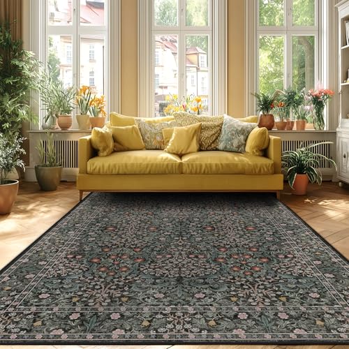 9x12 Green Washable Rug for Living Room with Non-Slip Base - Variation of Green / 9' x 12'