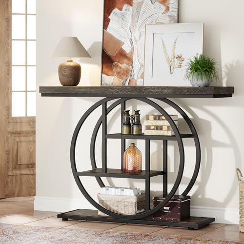 Charcoal Black Industrial Console Table with Circle Base, 4-Tier Narrow Sofa Entryway