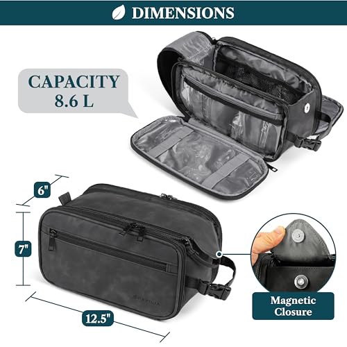 Extra Large Water-Resistant Toiletry Bag for Men - Hanging Organizer, PU Leather, Travel Essentials, Black