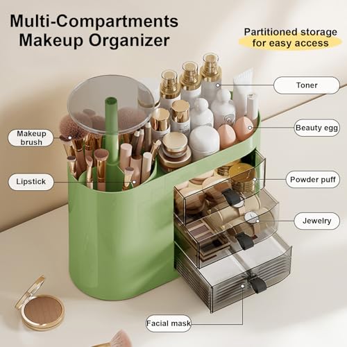DASITON Makeup Organizer with 3 Drawers,Automatic Lifting Makeup Brush Holder with Lid,Large Capacity Makeup Organizers for Vanity,Bathroom Countertop,Ideal Storage Skin Care,Brushes,Lipstick (Green)