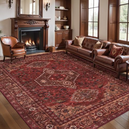 Dark Red 5x7 Washable Area Rug - Oriental Non Slip Living Room Carpet