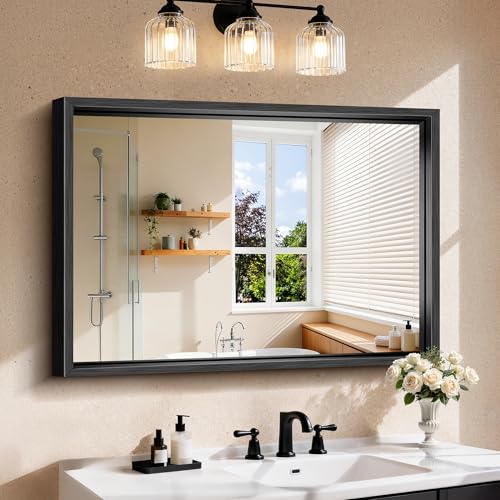 CIRCUMI 30x42 Inch Brushed Black Chunky Rectangular Bathroom Mirror with Frame
