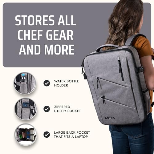 Asaya Grey Chef Knife Backpack with 20-Pocket Knife Roll - Professional Culinary Bag