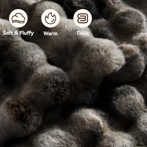 Anysay Faux Fur Throw Blanket - Grey Queen 80x90 Inches Fluffy Bubble Design