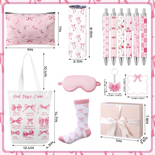 Sieral 14 Pcs Christmas Coquette Pink Bow Gift Set for Santa Women Include Pink Bow Tote Bag 20oz Stainless Steel Cup Socks Gel Ink Pens Sticky Keychain Eye Mask for Gifts