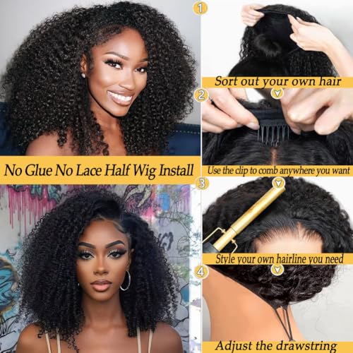 Natural Color 18 Inch Human Hair Kinky Curly Half Wig 3-in-1 Glueless Headband Style for Women