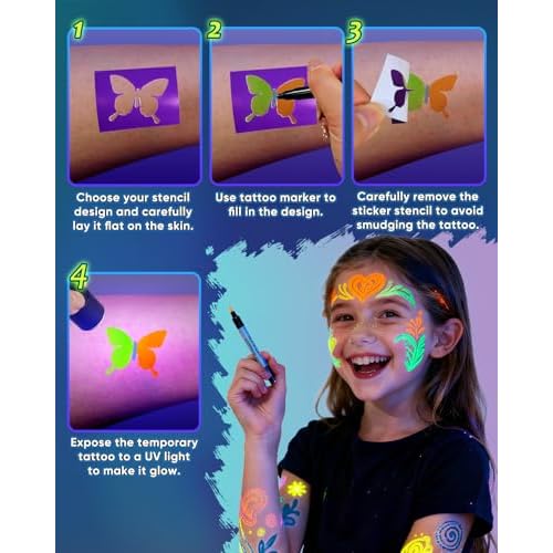 Temporary Tattoo Markers for Skin, 20 Pcs Dual-Tip UV & Matte & Glitter Tattoo Pens, Skin-Safe Body Markers with Tattoo Stencils & Stickers, Washable Glow in the Dark Markers for Kids Teens