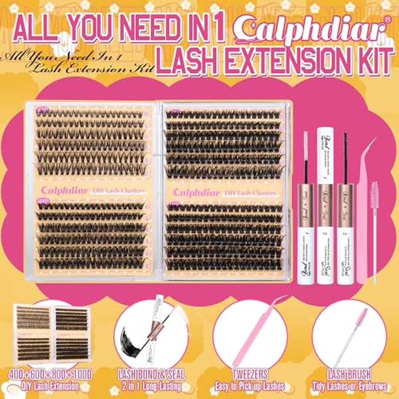Calphdiar DIY Lash Extension Kit Wispy Eyelash?Extension Kit D Curvature Lash?Clusters Kit 8-16mm 474pcs Lashes Extension Kit with Lash Bond and Seal, Lash Tweezers, Eyelash Brush(40+60+80+100D)