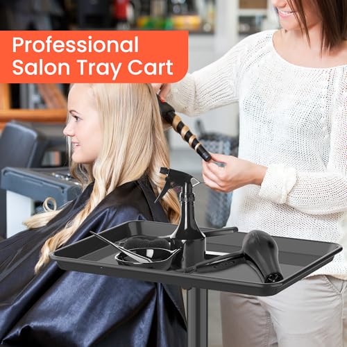 TASALON Rolling Salon Trolley Tray - Black Aluminum, Adjustable Height, Professional Styling Cart