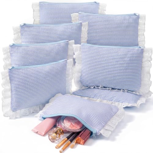 Seersucker Cosmetic Bag for Women - Light Blue 8 Pcs Set with Lace Trim - Travel & Makeup Organizer