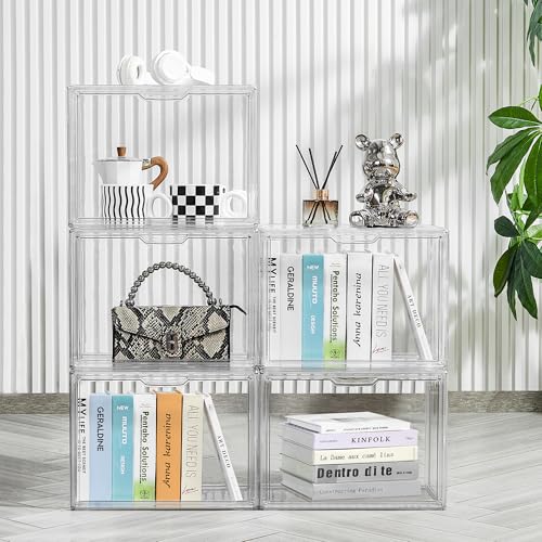 Clear 5Pack Acrylic Cube Storage Organizer Stackable Book Display Case with Magnetic Door