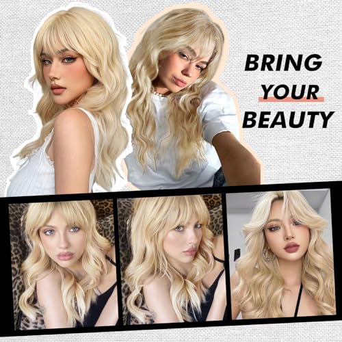 Blonde Wigs for Women 22 Inch Platinum Curly Wig with Bangs Synthetic Hair