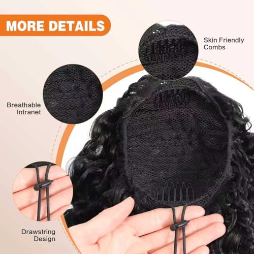 MAHKOTAKU Burmese Curly 20" Human Hair Ponytail Extensions, Natural Black