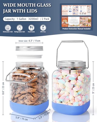 1 Gallon Glass Mason Jars with Airtight Lid & Wide Mouth - 2 Pack
