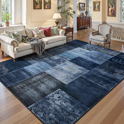 Washable Area Rug 6x9 Navy Blue Geometric Patchwork Non-Slip Stain-Resistant for Living Room