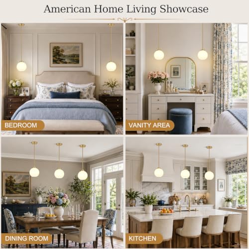2 Pack Brushed Gold Globe Pendant Lights with Milky White Glass - Adjustable Kitchen Island Lights