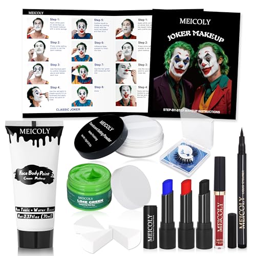 MEICOLY Joker Makeup Kit - Complete Clown & Halloween SFX Costume Set with Face Paint, Green Hair Dye & Accessories
